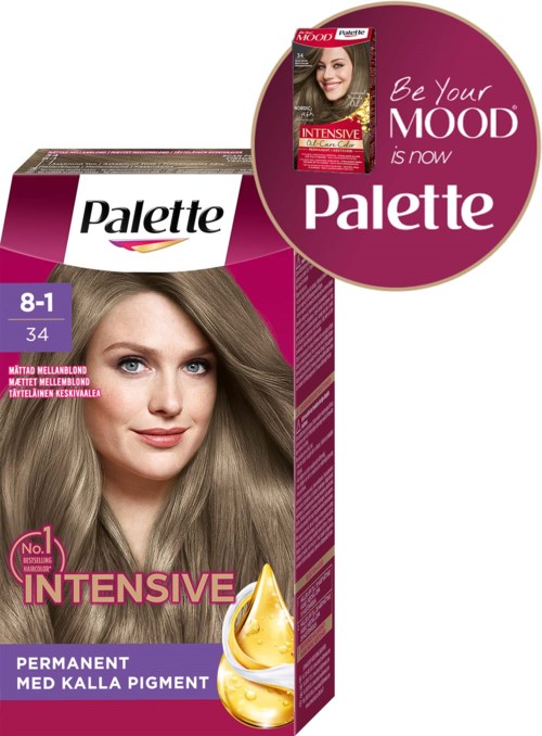 En förpackning av hårfärg märkt 'Palette Intensive' med en kvinna som visar långt, ljusbrunt hår. Förpackningen visar att det är för permanent färg.
