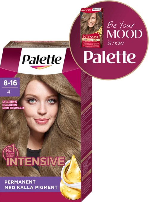 Doosje haarverf met een lachende vrouw, paars en roze verpakking, en tekst over permanente haarverf.