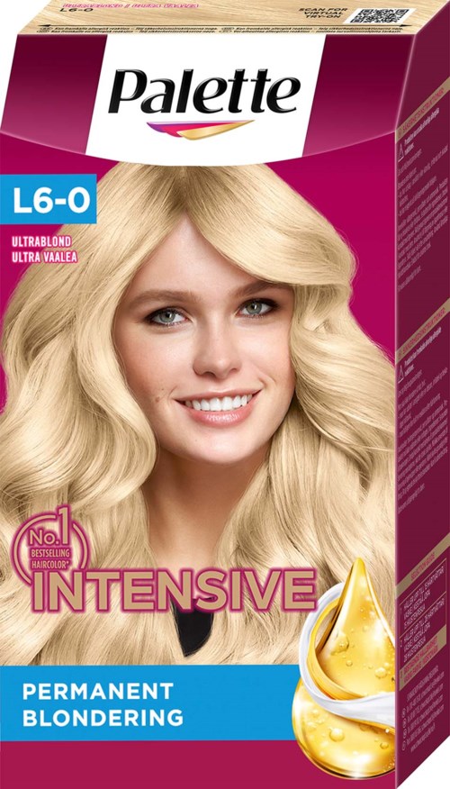 Een doos haarverf toont een lachende vrouw met lang, blond haar. Het product belooft permanente blondeer en intens.