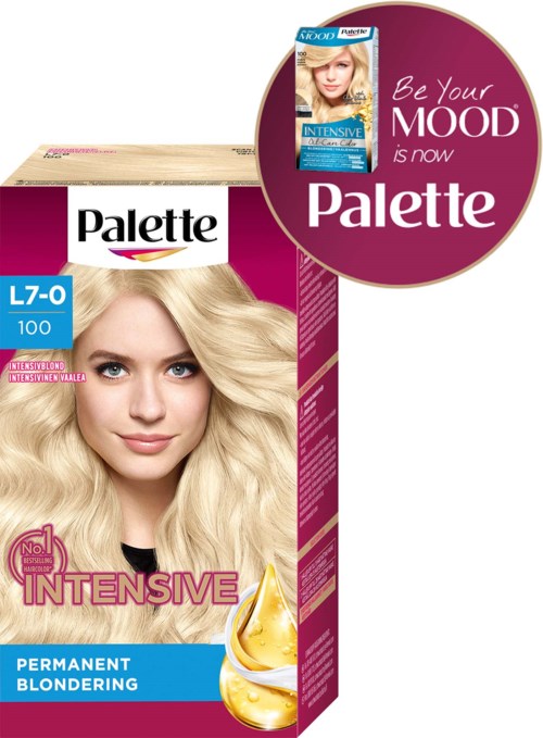 A box of Palette hair dye with a blonde woman and a circular sign that says, "Be Your MOOD is now Palette."