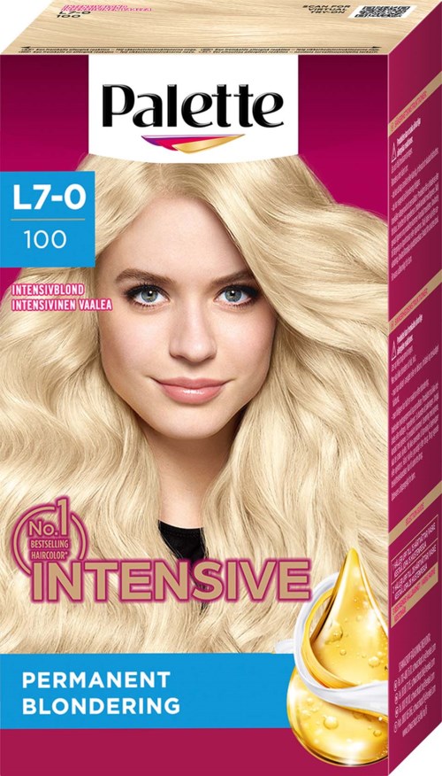 A box of hair dye with a woman having blond, wavy hair on the front, labeled as 'Intensive' for permanent blonding.