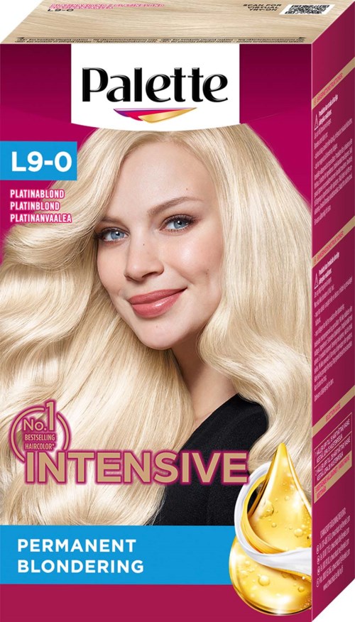 Blonde woman with shiny, wavy hair on hair dye box labeled 'Palette' and 'Intensive Permanent Blonding.'
