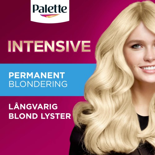 A woman with long, blond, wavy hair smiles on a pink and blue background, advertising permanent blonding hair dye.