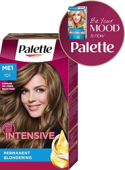 Een haarkleurlabel toont een lachende vrouw met lang, bruin haar. De doos is vooral roze en paars met productgegevens.
