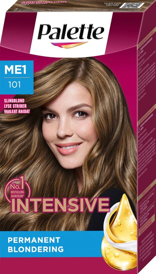 Doos haarverf met een lachende vrouw met glanzend, licht bruin haar. Tekst benadrukt kleur en haarverzorgingsdetails.
