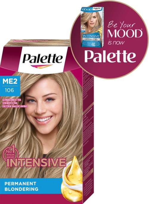 Hair dye box with a smiling woman, product name 'Palette Intensive,' mentions permanent blonding and a honey drop image.
