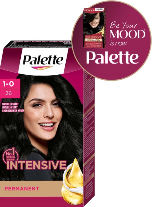 Doos met Palette haarkleuring met een vrouw die donker, glanzend haar toont en een intense, permanente kleur promoot.
