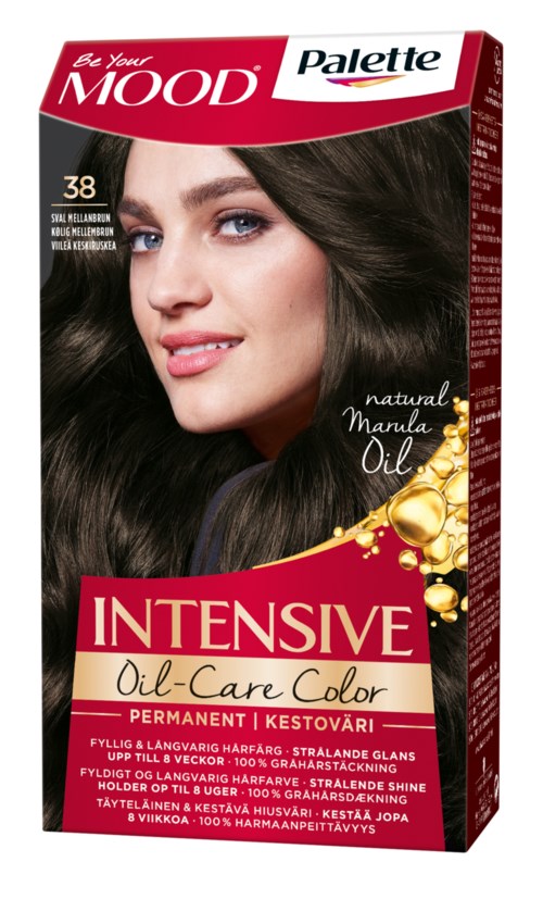 Rött paket med ett foto av en kvinna med långt mörkt hår, som marknadsför intensivt oljebehandlande hårfärg med naturlig manukaolja.