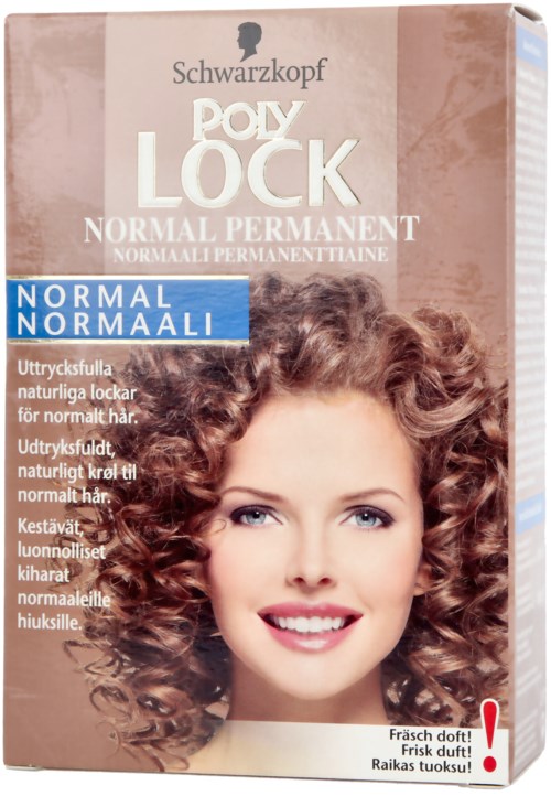 En kvinna med lockigt hår som ler på en hårfärgningsförpackning märkt 'Poly Lock Normal Permanent'.