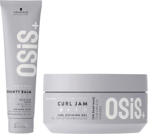 Ein Haarpflegeset mit Tube 'Bounty Balm' und Dose 'Curl Jam' für lockiges Haar.