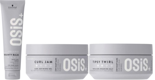 Drei Haarstyling-Produkte: eine Tube und zwei Gläser, alle mit OSIS+ bezeichnet, mit unterschiedlichen Namen und Funktionen.