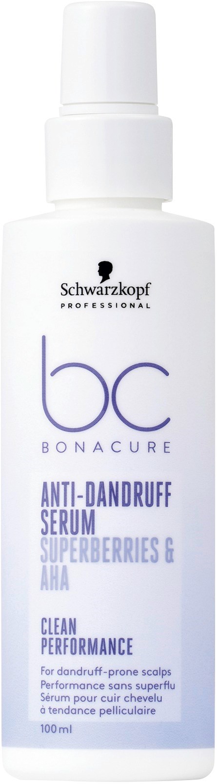 Een witte fles Schwarzkopf Professional Bonacure anti-roosserum, met spraydop, gericht op rooscontrole en hoofdhuidverzorging.