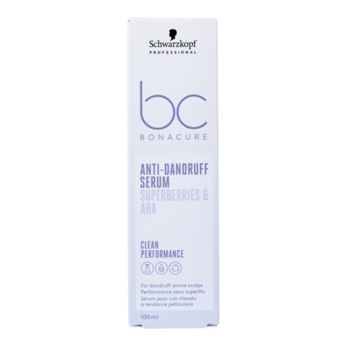 Een wit doosje met zwarte en paarse tekst over Schwarzkopf Professional anti-roosserum met bessen en AHA-ingrediënten.