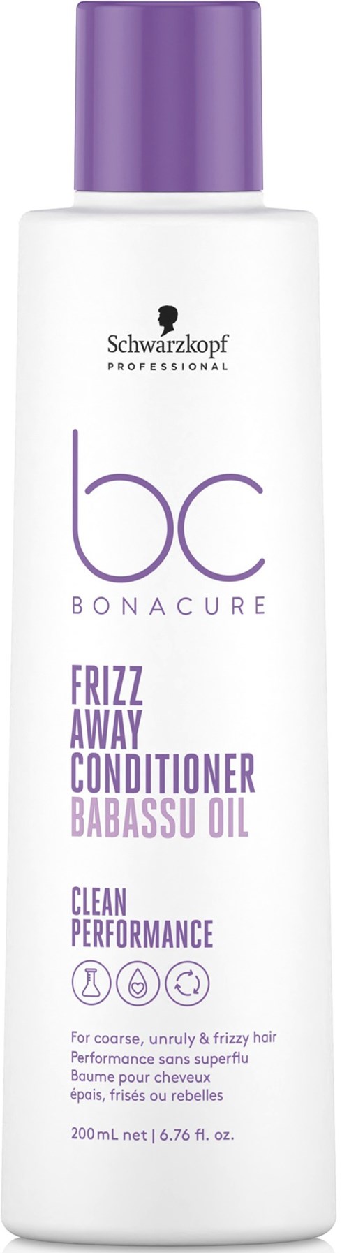 Eine weiße Flasche mit lila Deckel, Schwarzkopf Professional, Bonacure, Frizz Away Conditioner mit Babassuöl, für krauses Haar.