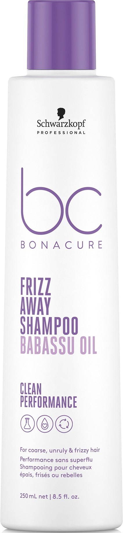 Eine weiße Flasche mit lila Kappe, beschriftet Schwarzkopf BC Bonacure Frizz Away Shampoo mit Babassuöl.