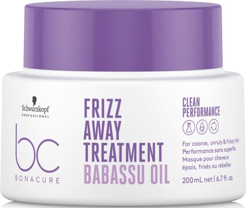 Ein weißer Behälter mit lila Deckel, gekennzeichnet für Frizz-Kontrolle und Haarbehandlung, enthält 200 ml.