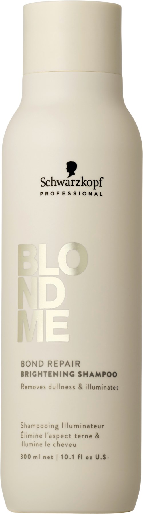 Valkoinen shampoopullo, jossa musta teksti ja logo, nimeltä 'Schwarzkopf Professional Bond Repair Brightening Shampoo'.