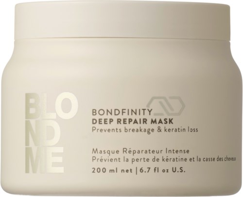 Ett vitt hårmask-glas märkt 'Bond Maintenance Deep Repair Mask' som förhindrar bristning och keratinförlust.