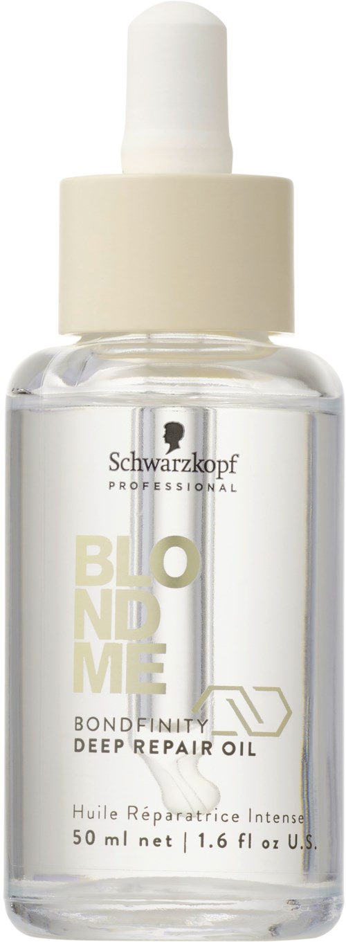 Pieni pullo tiputulpalla, merkki Bondyme Deep Repair Oil Schwarzkopfilta, hiustenhoitoon.