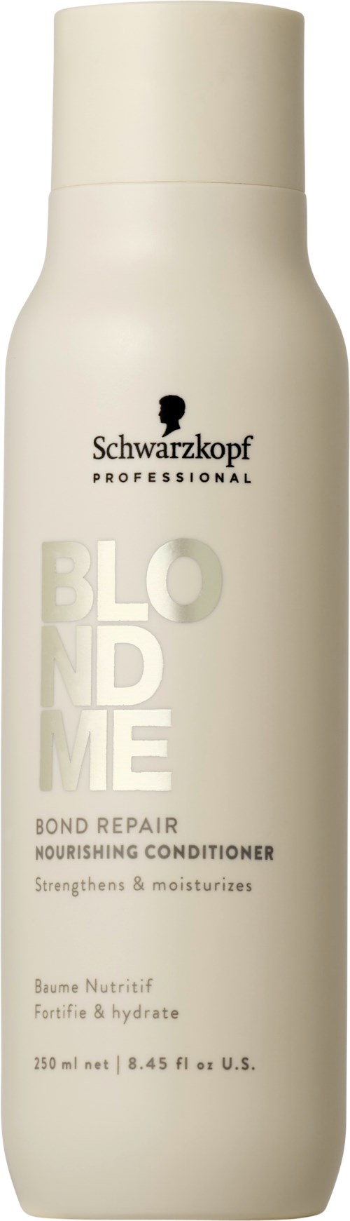 Valkoinen pullo Schwarzkopf Professional BlondMe bond repair hoitavasta hoitoaineesta. Sisältää 150 ml, vahvistaa ja kosteuttaa hiuksia.