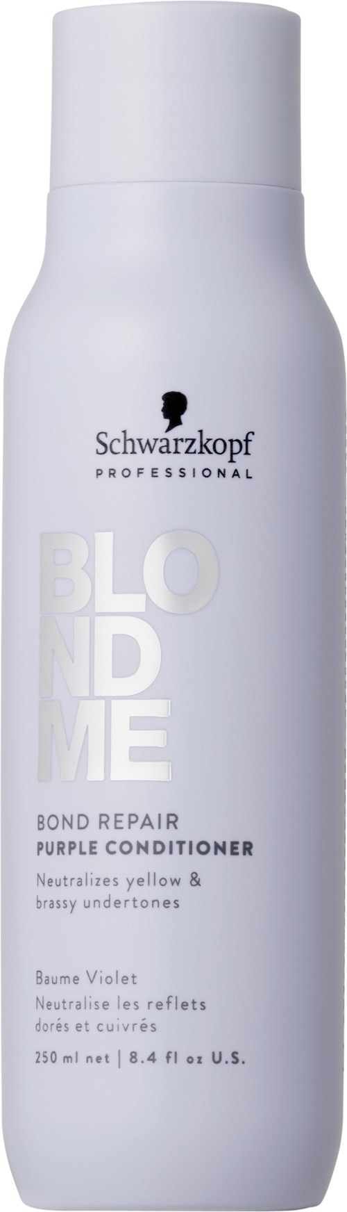 Valkoinen pullo Schwarzkopf Professional Blond Me Bond Repair Purple Conditionerilla ja valkoinen korkki.