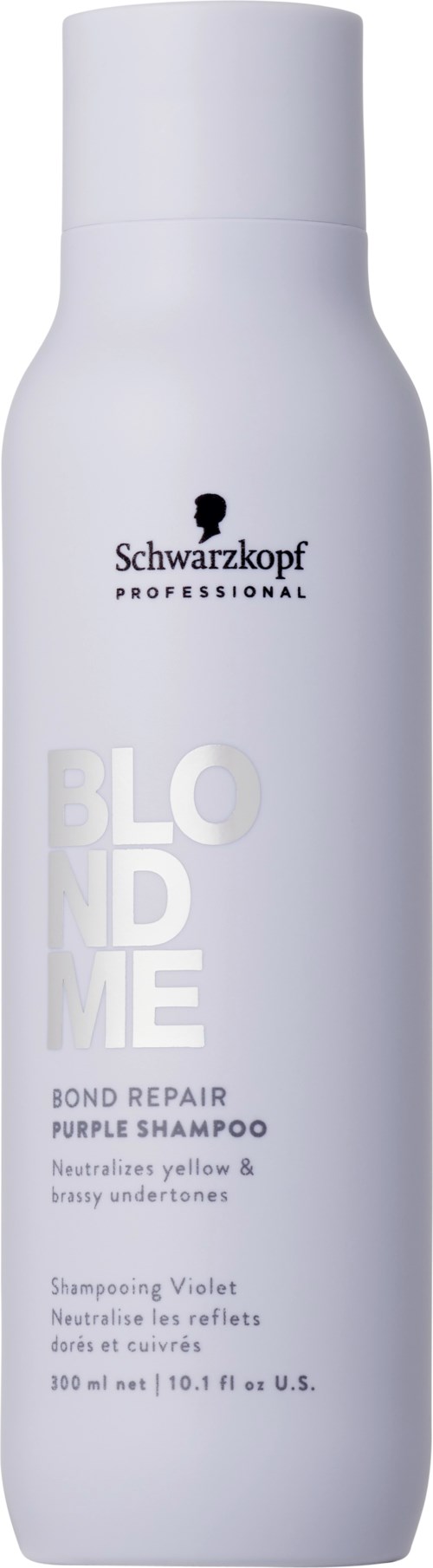 Valkoinen shampootölkki mustalla tekstillä ja logolla, nimeltä Schwarzkopf Professional Blond Me Bond Repair Shampoo.