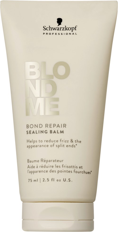 Eine weiße Tube Schwarzkopf Professional Bond Repair Sealing Balm zur Reduzierung von Frizz und gesplitten Enden, mit Text und Logo.