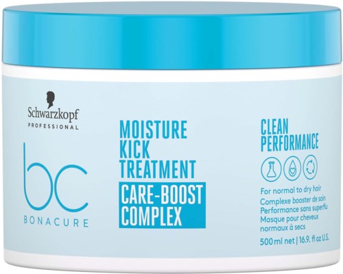 Pyöreä rasia sinisellä kannella, sisältää kuivan hiusten hoitotuotteen, lappuna Bonacure Care-Boost Complex.