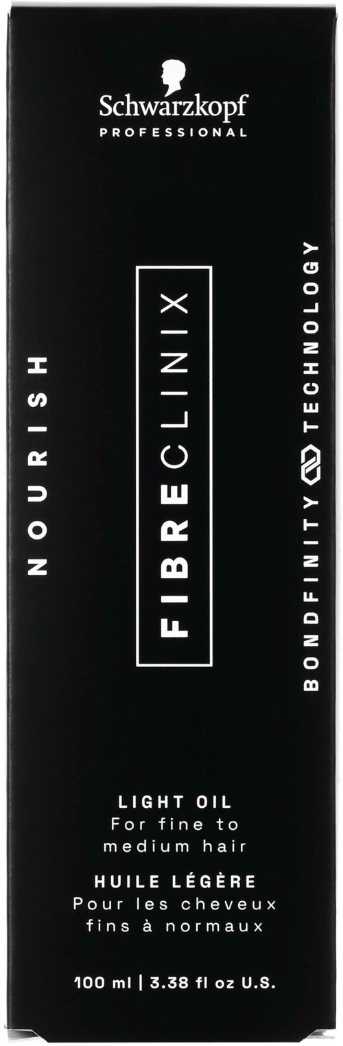 Eine schwarze Packung mit Schwarzkopf Professional, Fibre Clinix, Nourish, leichter Öl für Haare, 100 ml.