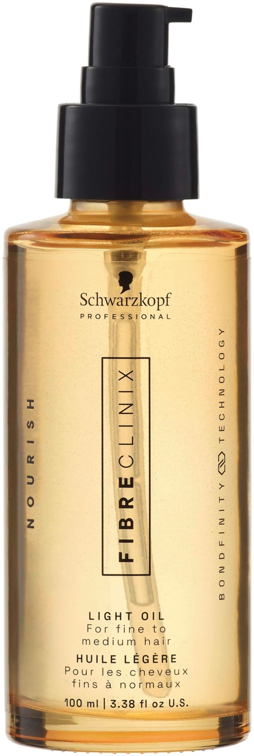 Eine hohe, klare Flasche mit schwarzem Pumpenbehälter behauptet, es ist Schwarzkopf Professional Fibreclinix Light Oil für feines bis mittleres Haar.
