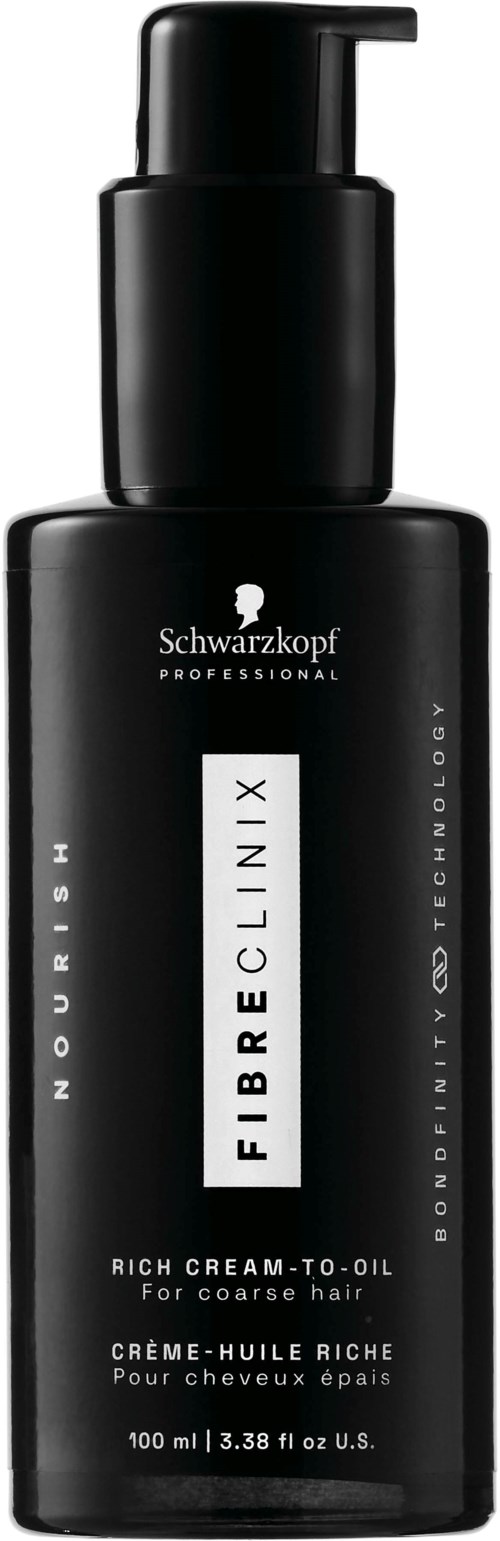 Eine schwarze Flasche mit Pumpspender, beschriftet Schwarzkopf Fiber Clinix Rich Cream-To-Oil für grobes Haar.