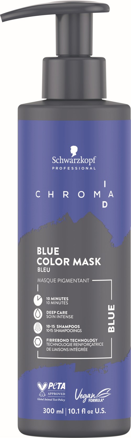 A tall, purple and gray bottle with a pump, labeled as Schwarzkopf professional color mask for blue hair care.