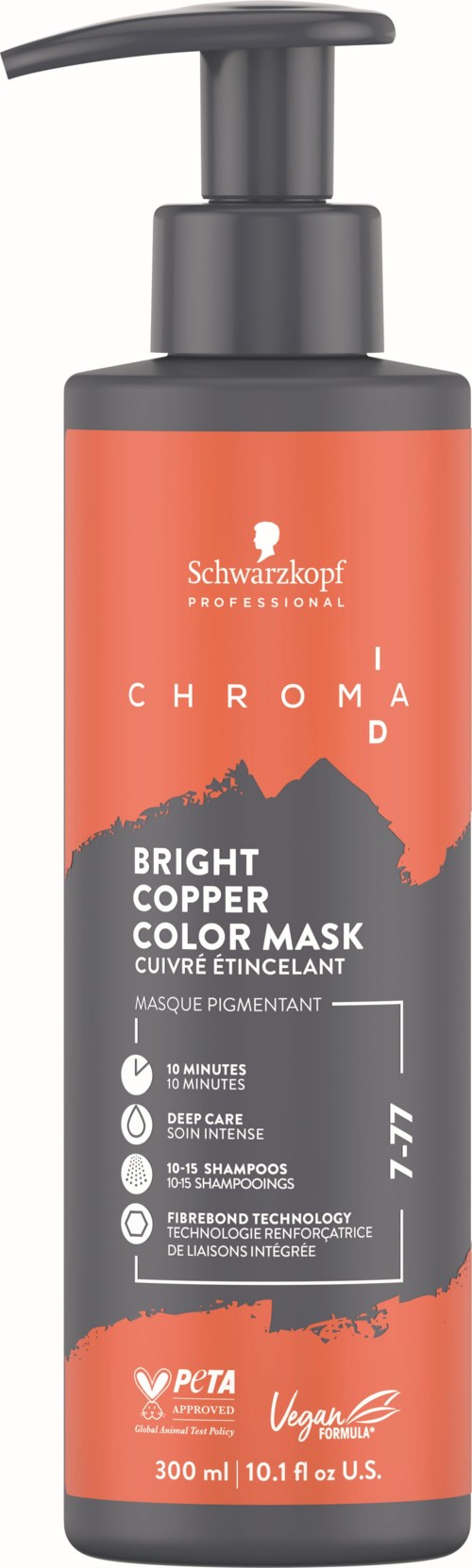 Bright copper color mask for hair, suitable for deep care and coloring, with 10-minute application.