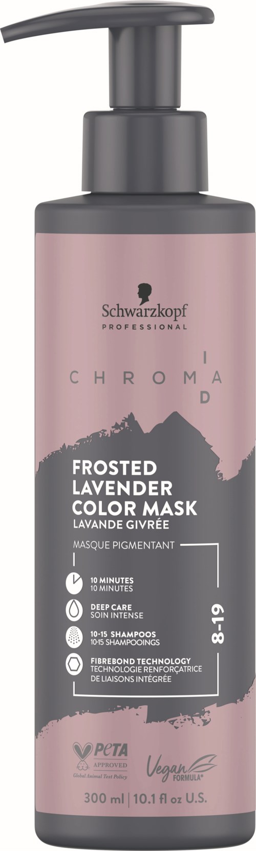 Pink bottle with black pump, labeled as Frosted Lavender Color Mask for deep care, 10-minute treatment, suitable for 5+ shampoos.