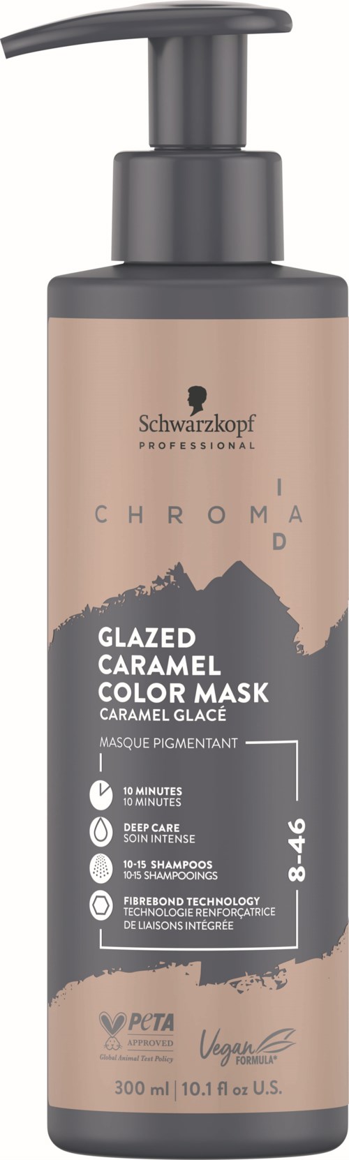 A bottle of Schwarzkopf ChromaID Glazed Caramel Color Mask with a pump dispenser, beige and black label, and product details.