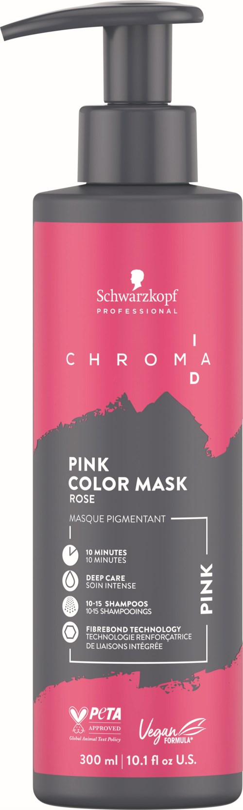 Pinkfarbige Flasche mit Pumpe, gekennzeichnet als Haarfarbemaske, mit schwarzem und weißem Text und Bildern.