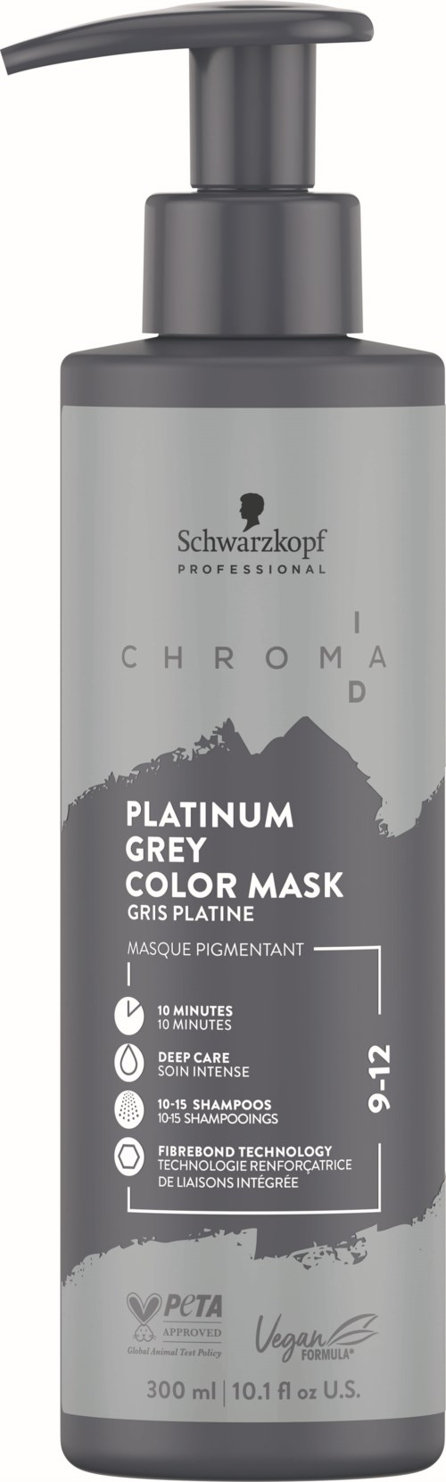 A gray bottle with a pump, labeled as Schwarzkopf Professional, for hair color mask, with benefits like deep care and color preservation.