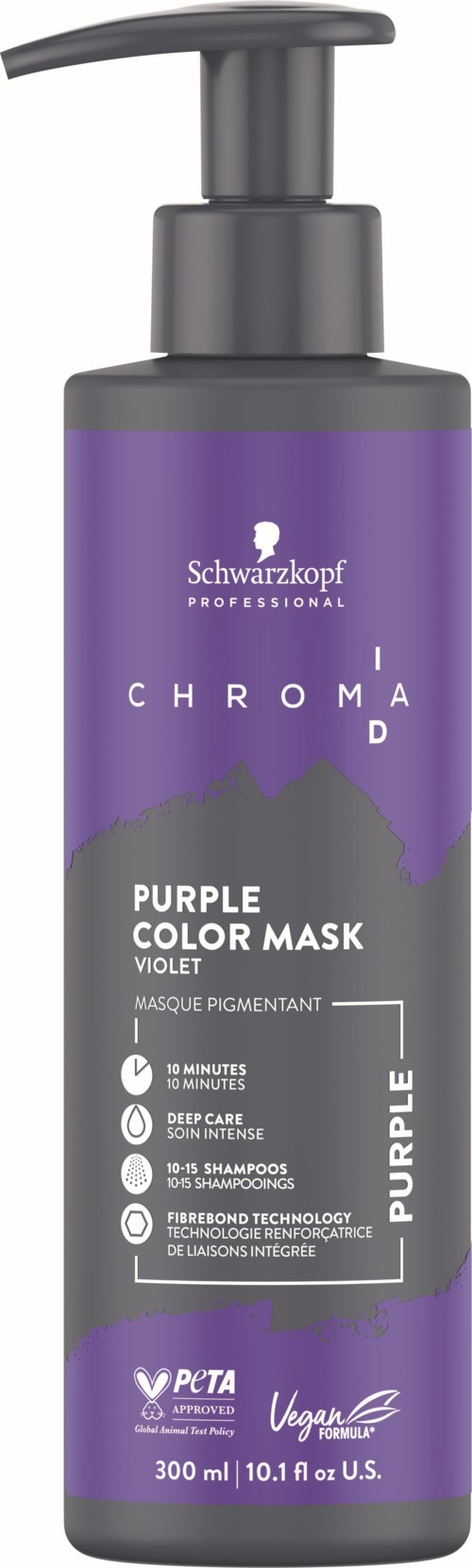A purple shampoo bottle with a pump, labeled as Schwarzkopf Chroma ID Purple Color Mask for violet hair care.