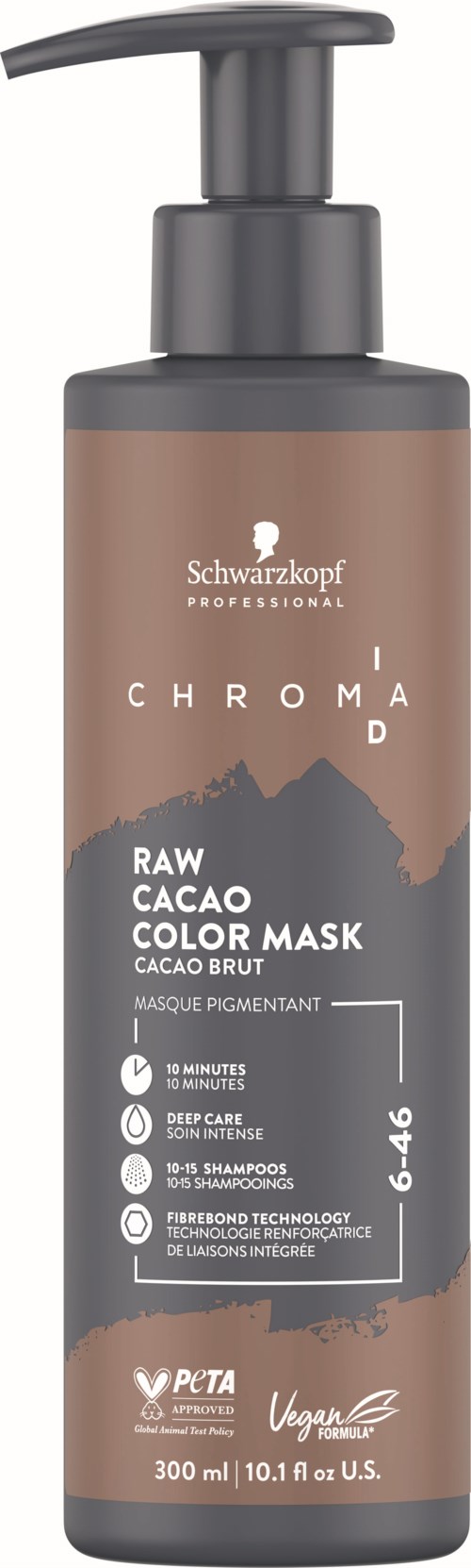A bottle of Schwarzkopf Chroma ID Raw Cacao Color Mask for hair, with pump dispenser and brown and gray label.