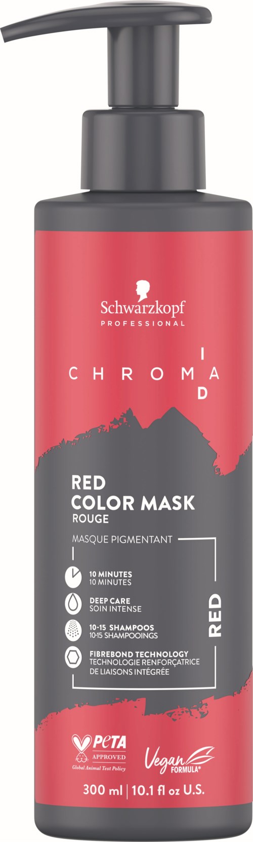 A bottle of Schwarzkopf Chroma ID Red Color Mask with a pump dispenser, mainly red and black colors, and product details.