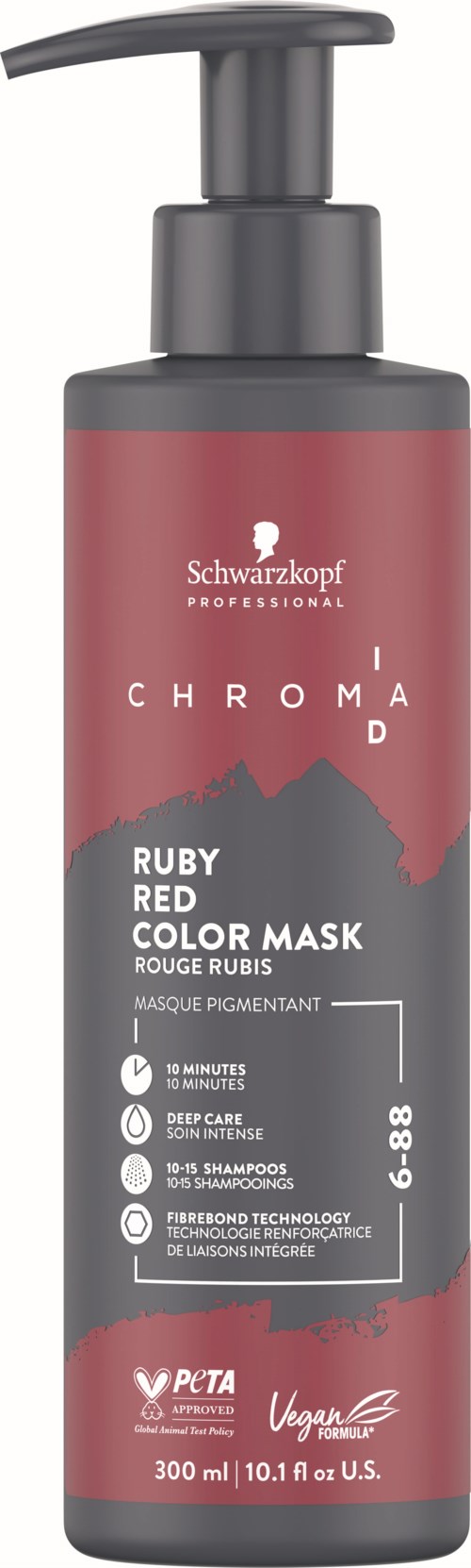 A shampoo bottle with a pump, labeled Schwarzkopf Chroma ID Ruby Red Color Mask, 300ml capacity.