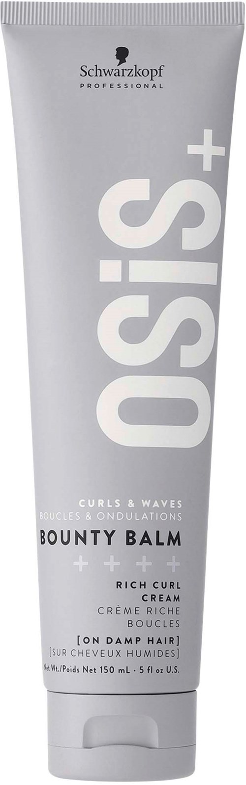 Eine graue Tube von Schwarzkopf OSIS+ Bounty Balm Haarkreme mit weißen Text, für Locken und Wellen.