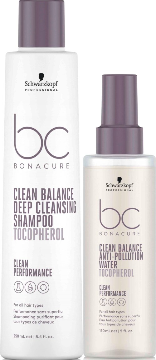 Zwei Flaschen Schwarzkopf Bonacure Haarpflege, eine für Tiefenreinigungsshampoo und die andere für Anti-Pollution-Wasser.