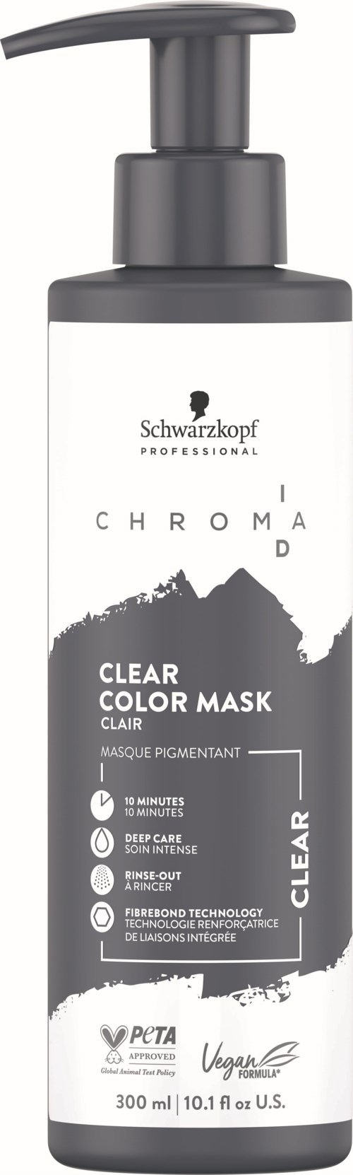 A white bottle with a black pump labeled Schwarzkopf Chroma ID Clear Color Mask for hair.