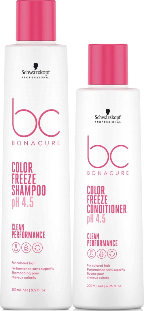 Zwei Flaschen Schwarzkopf Bonacure Haarprodukte: Shampoo und Conditioner. Für coloriertes Haar, pH 4,5.