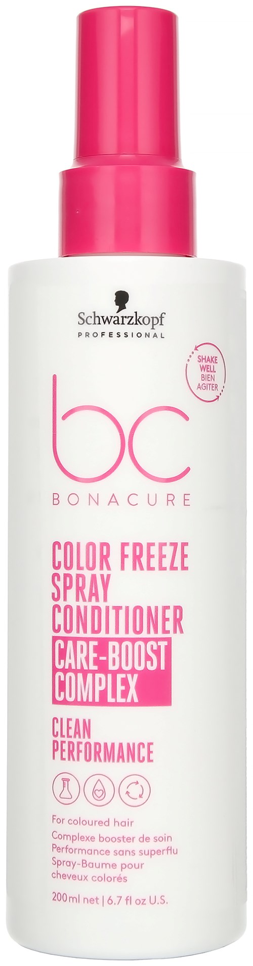 Een witte fles met roze dop en tekst. Het is een haarverzorgingsproduct genaamd Bonacure Color Freeze Spray Conditioner.
