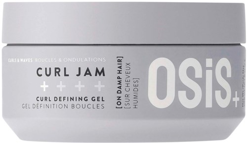 Ein Behälter mit Osis Curl Jam Gel für welliges und lockiges Haar, geeignet für nasses Haar, mit weißer und grauer Verpackung.