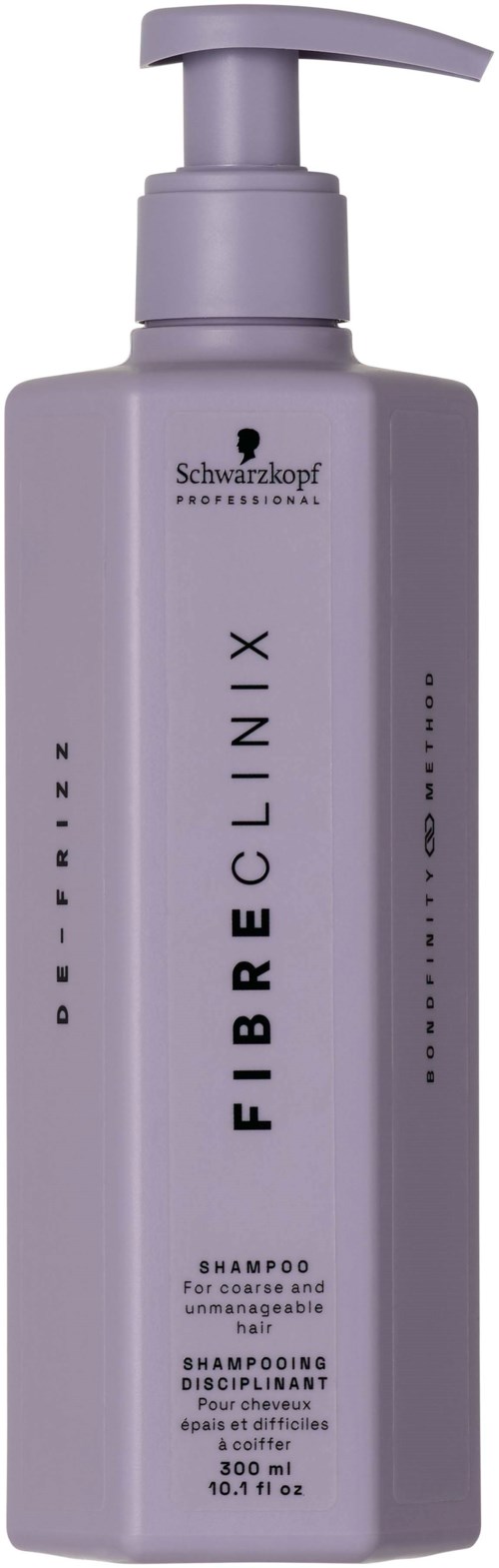 Eine lange weiße Flasche mit Pumpe, Schwarzkopf Fibrelong X Shampoo für geschädigtes Haar, 10,1 oz.