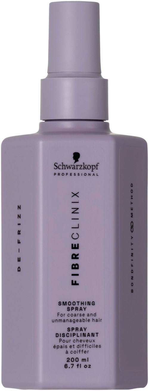 Eine lilafarbene Flasche mit Schwarzkopf Fiber Clinix Glättungsspray für schwierig zu handhabendes Haar, 200 ml.