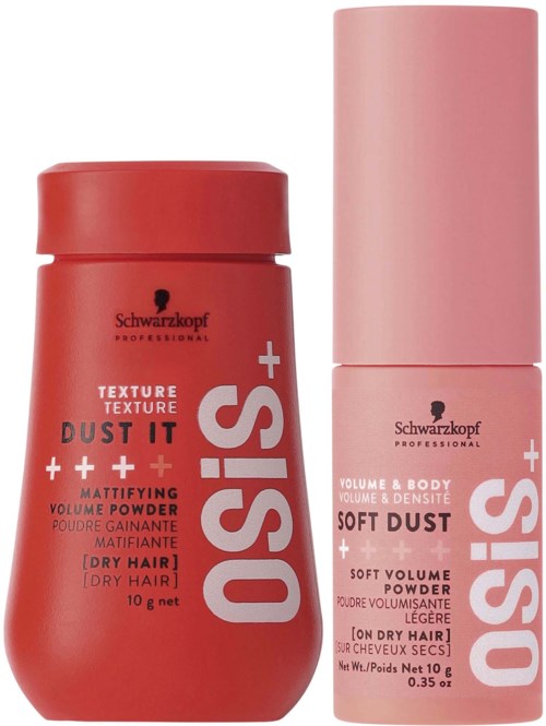 Twee haarproducten: een rode voor droog haar en een roze voor zacht volume en body.